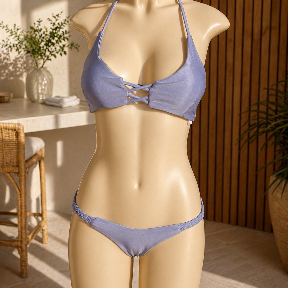 Macrame Bikini Set Gray Braided Halter Two Piece‎ Boho Coastal Size L